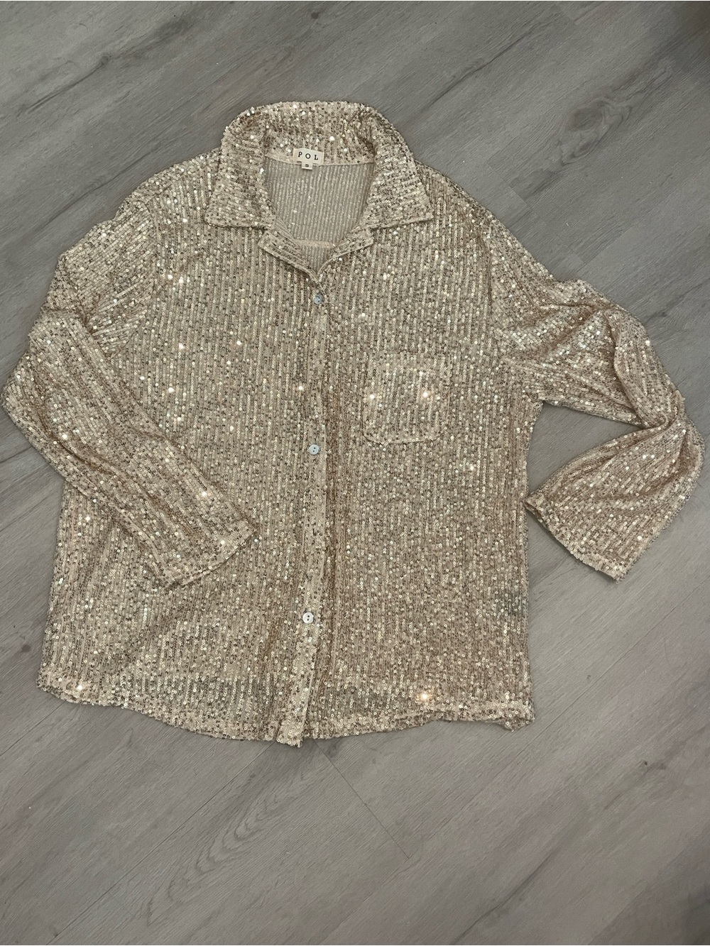 NWOT POL Sequin Button-Down Shirt - Champagne Gold - Picture 3 of 6